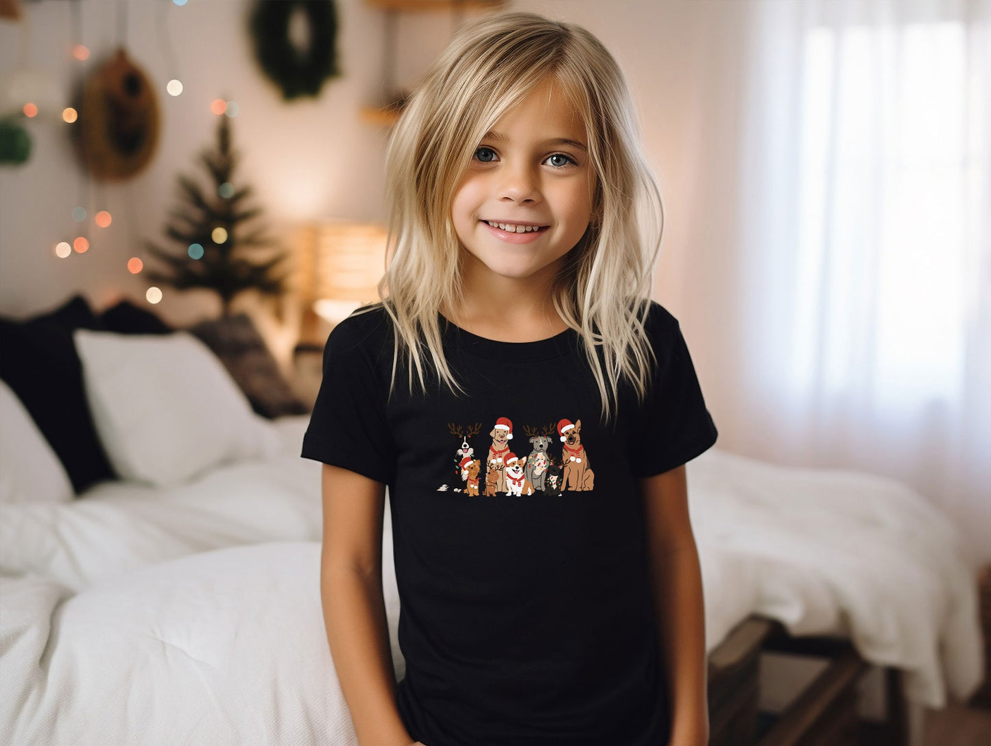 a little girl that is standing in front of a bed