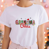 a woman wearing a white shirt that says grandma claus