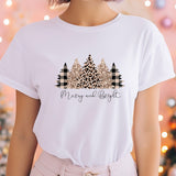 a woman wearing a white t - shirt with a leopard print on it