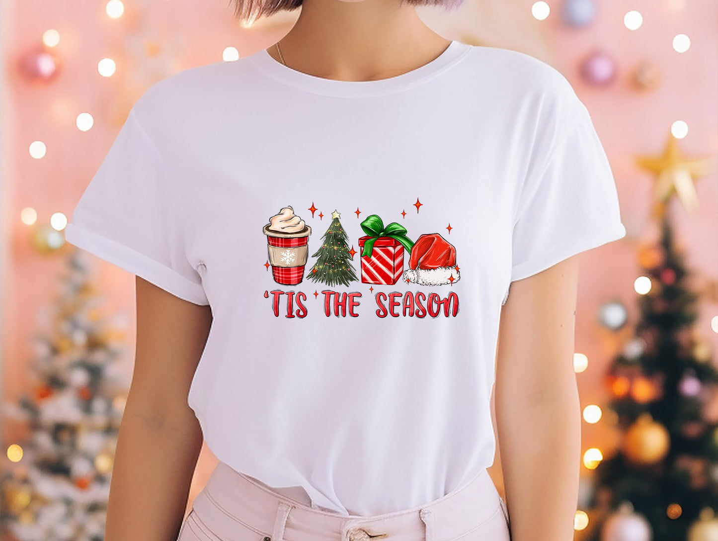 a woman wearing a t - shirt that says tis the season