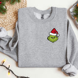 a grey sweatshirt with a christmas hat on it