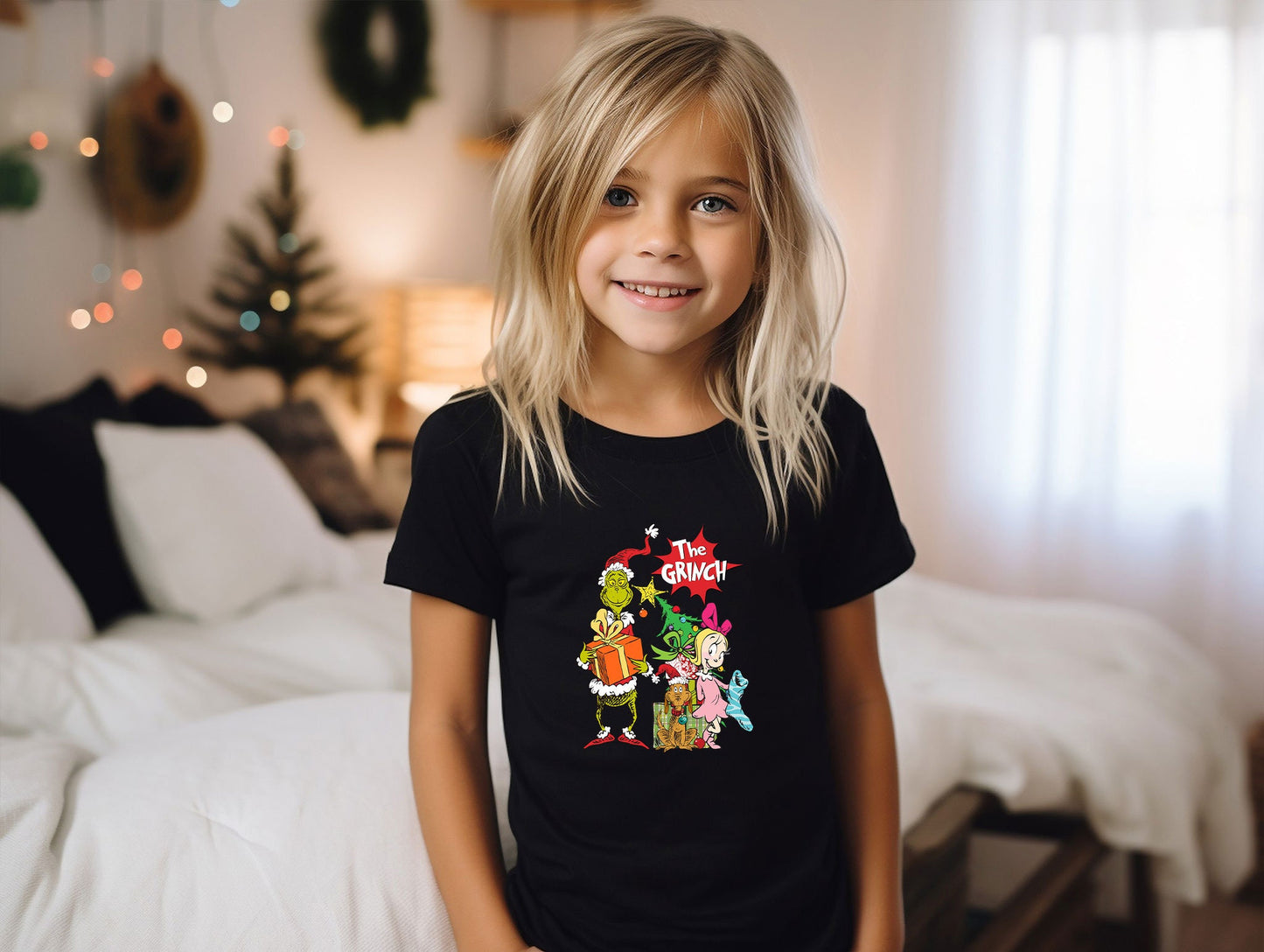 a little girl that is standing in front of a bed