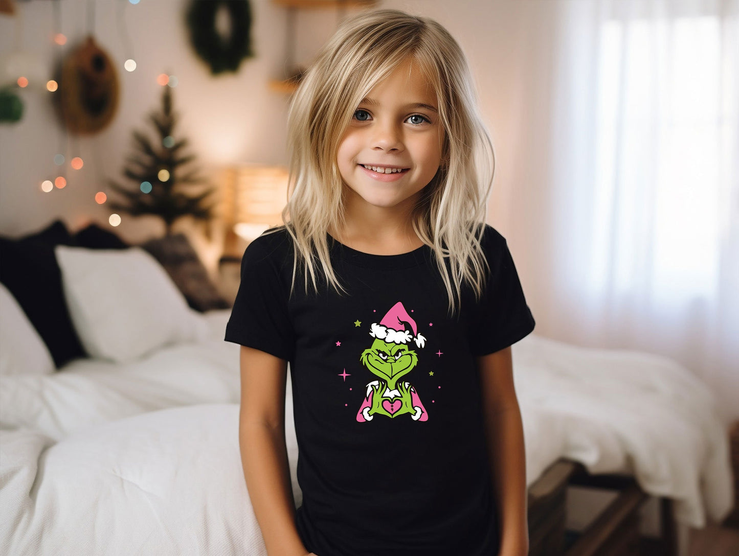 a little girl wearing a grin face t - shirt