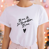 a woman wearing a white t - shirt with black writing on it