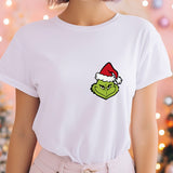 a woman wearing a white t - shirt with the grin face on it