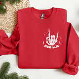 a red sweatshirt with a white print on it