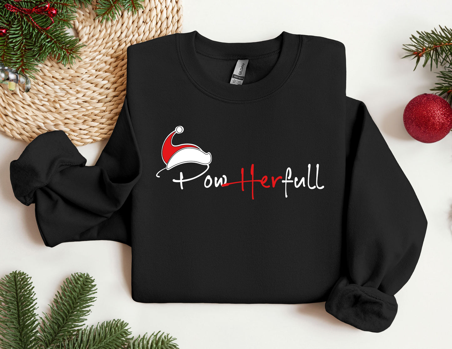 a black sweatshirt with a santa hat on it