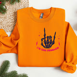 an orange sweatshirt with a hand print on it