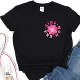 a black shirt with a pink flower on it