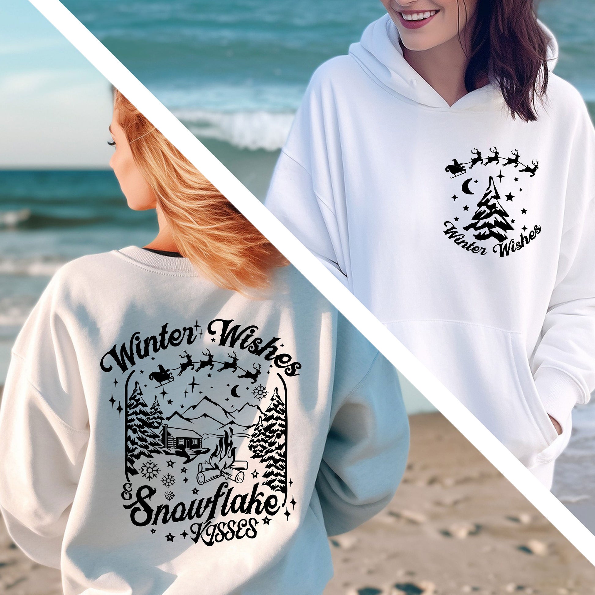 two women standing on a beach wearing sweatshirts