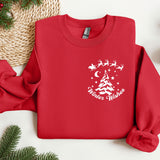 a red sweater with a christmas tree and santa's sleigh on it
