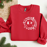 a red sweatshirt with a smiley face on it