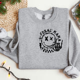 a gray sweatshirt with a black and white graphic on it