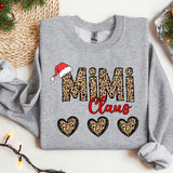 a gray sweatshirt with leopard print and a santa hat
