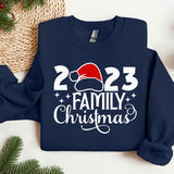 a blue sweatshirt with a santa hat on it