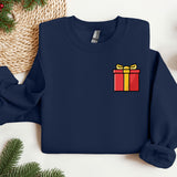 a blue sweater with a gift box on it