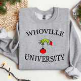 a grey sweatshirt with the words whoville university on it