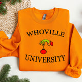 an orange sweatshirt with the words whoville university on it