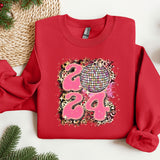 a red sweater with a disco ball on it