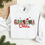 a white sweatshirt with the words grandma claus printed on it