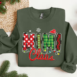 a green sweatshirt with the word mimi claus on it