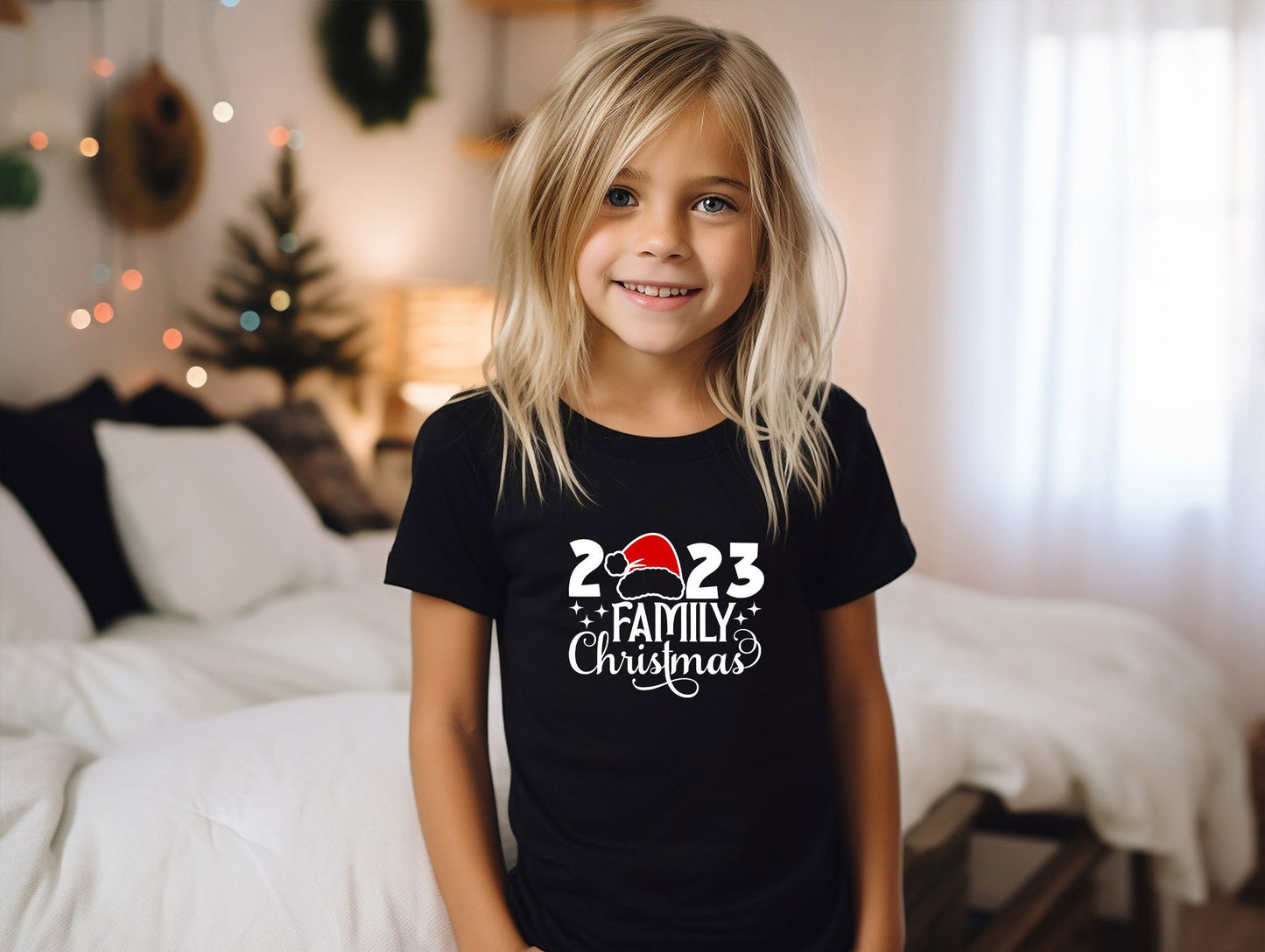 a little girl standing in front of a bed