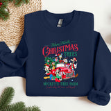 a blue christmas sweatshirt with mickey mouses tree farm on it