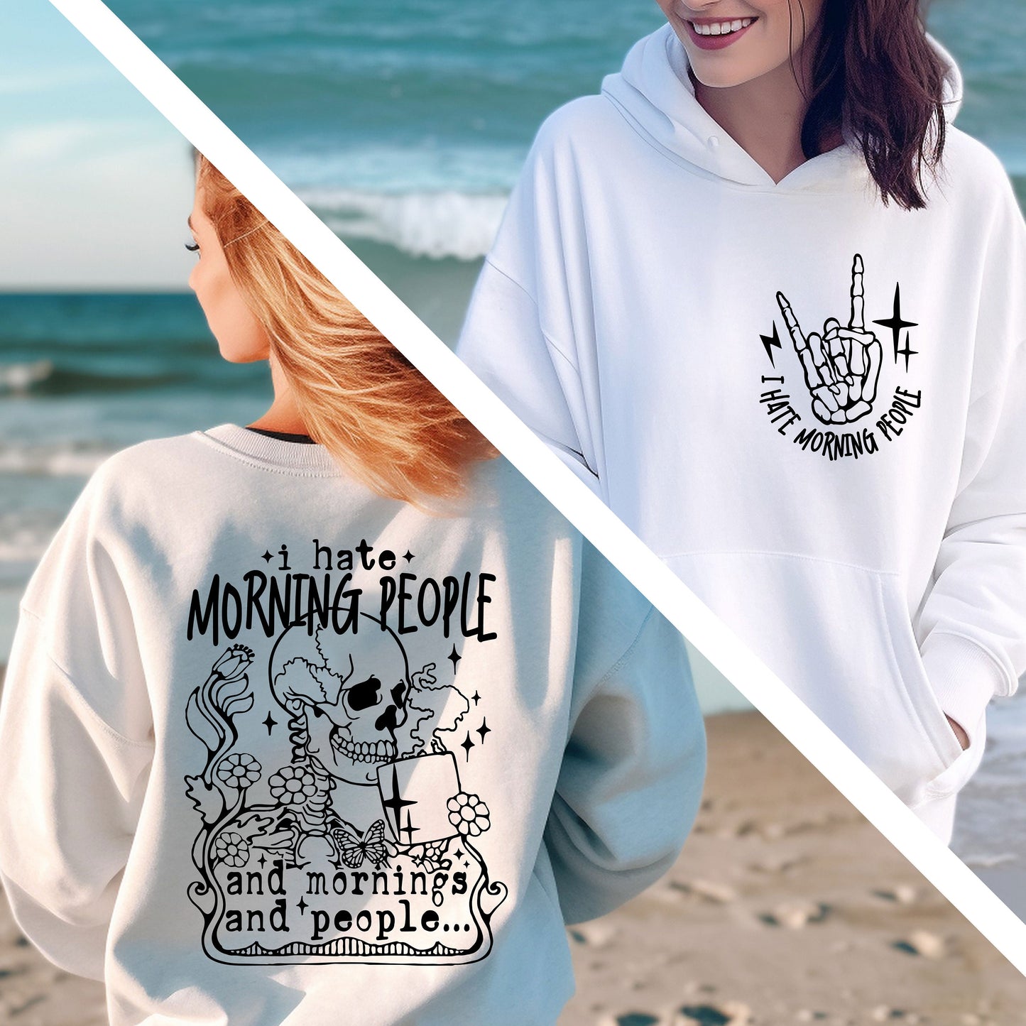 two women wearing matching sweatshirts on the beach