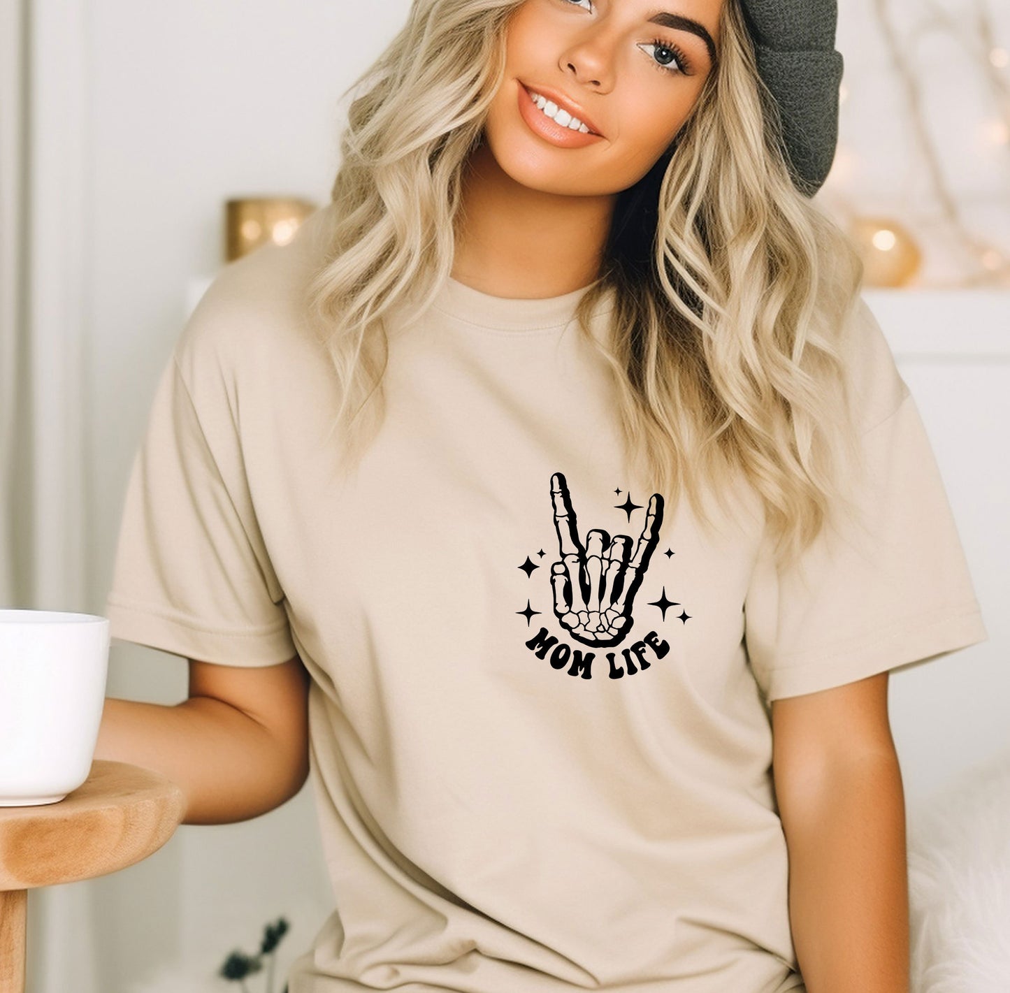 a woman wearing a t - shirt with a peace sign on it