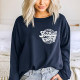a woman wearing a sweatshirt that says football mom