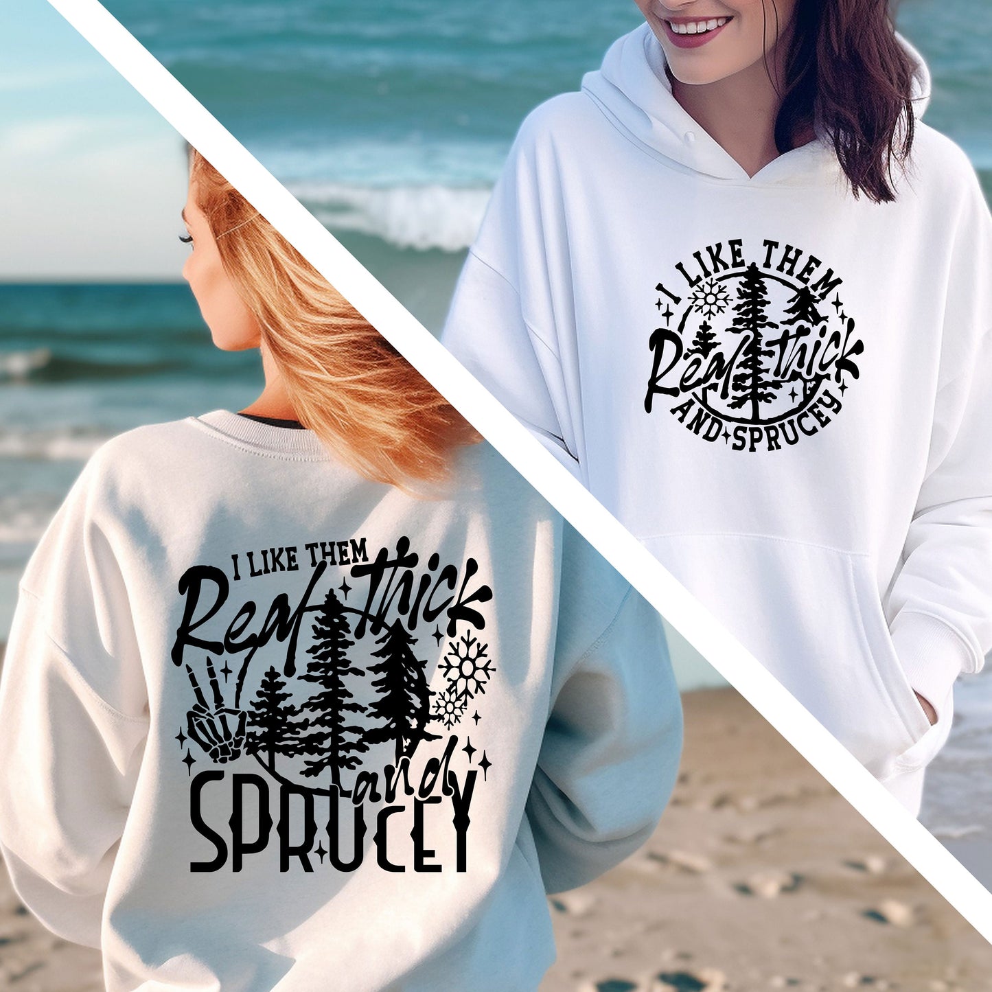 two women standing on a beach wearing sweatshirts