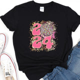 a black shirt with pink letters and a disco ball