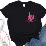 a black t - shirt with a pink design on it