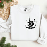 a white sweatshirt with a black graphic of a hand holding a knife