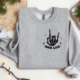 a gray sweatshirt with a black print on it