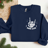 a blue sweatshirt with a hand holding a lightning bolt