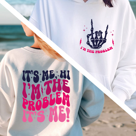 a woman wearing a white sweatshirt with pink lettering on it