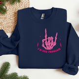 a blue sweatshirt with a pink hand print on it