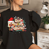 a woman wearing a black sweatshirt with a christmas message on it
