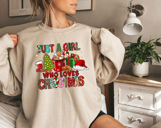 Comfort Custom Just A Girl Who Loves Christmas Sweatshirt, Women&#39;s Christmas Crewneck, Christmas Gift, Christmas Lover Hoodie, Holiday Sweat