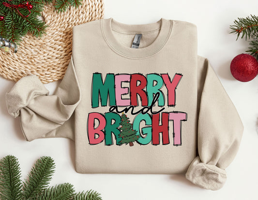 Merry Bright Sweat shirt, Womens Christmas Sweatshirt, Holiday Retro Hoodie, Merry Christmas Hoodie, Gift for Christmas, Christmas Clothing