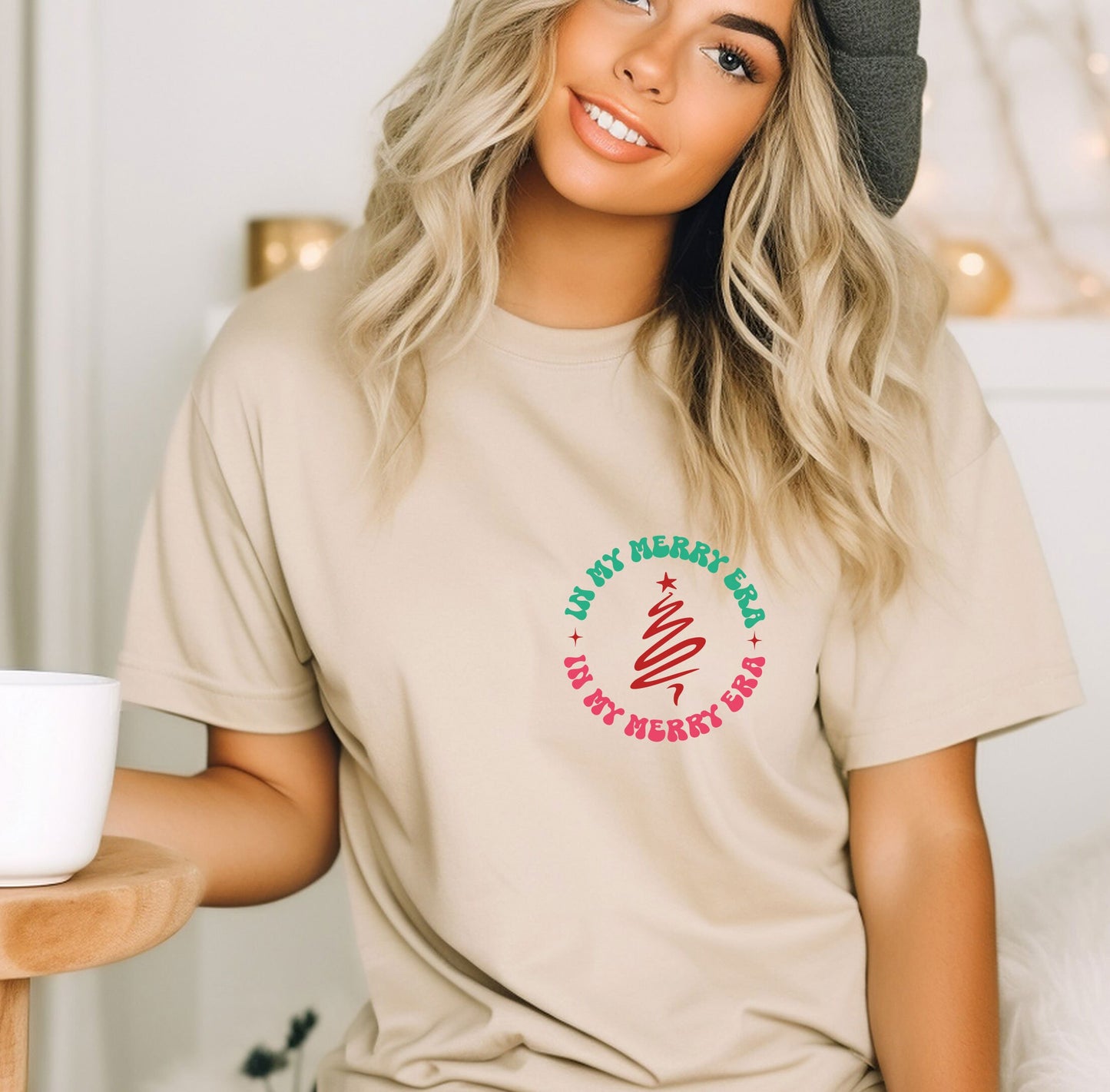 a woman sitting on a chair with a cup of coffee