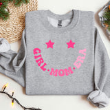 a gray sweatshirt with pink stars and the words stay mom on it