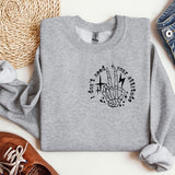 a gray sweatshirt with a black and white graphic on it