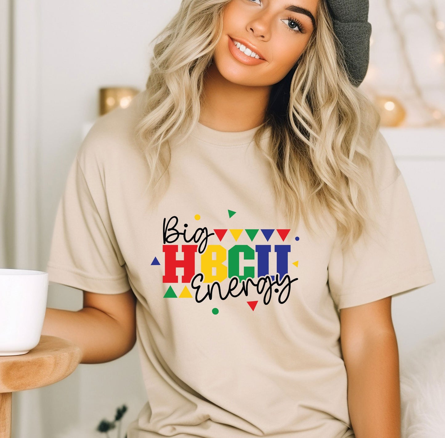 a woman wearing a t - shirt that says be happy energy