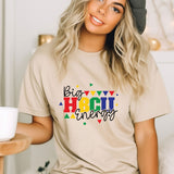 a woman wearing a t - shirt that says be happy energy