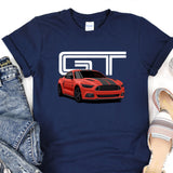a t - shirt with a picture of a red mustang on it