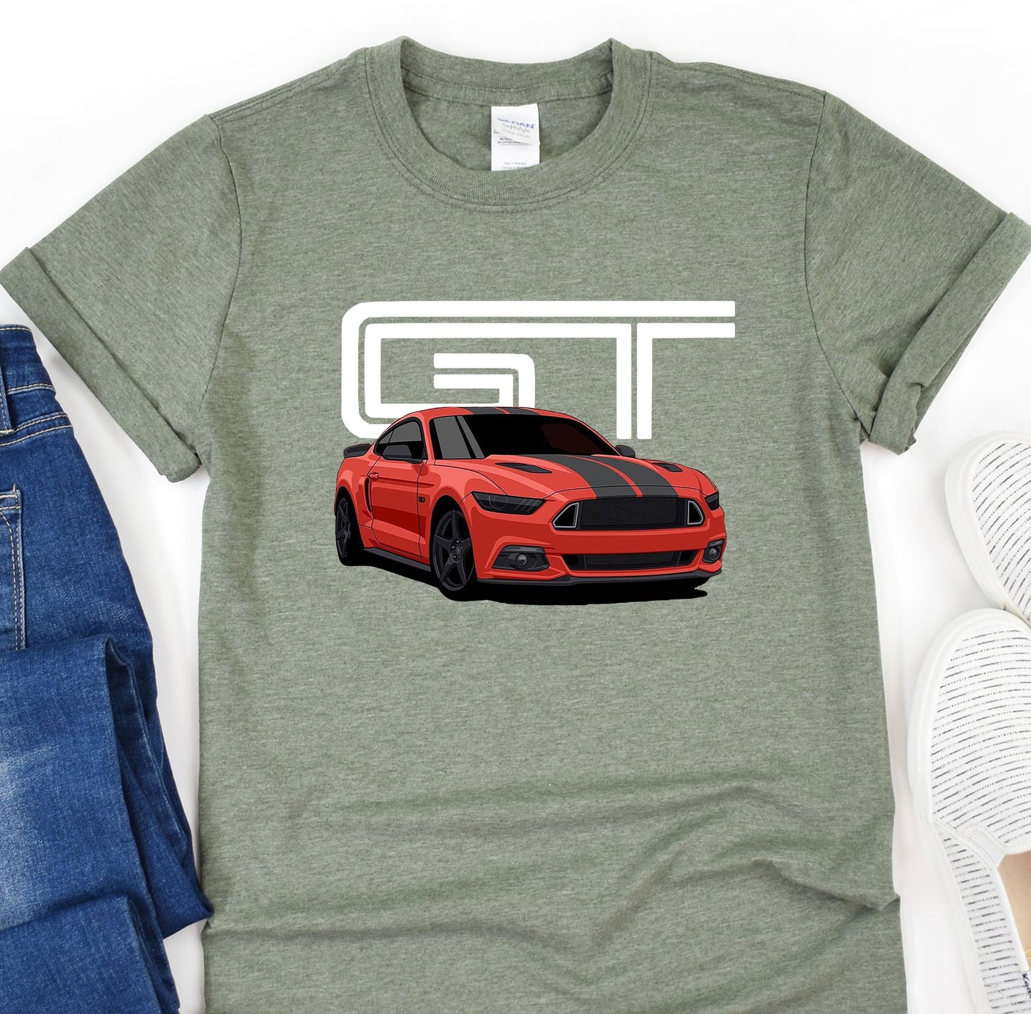 a t - shirt with a red mustang on it