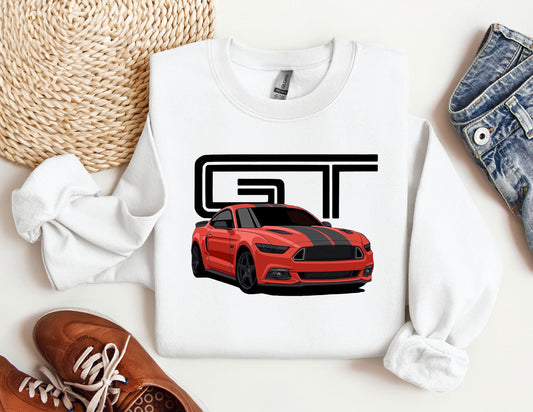 a white shirt with a red mustang on it