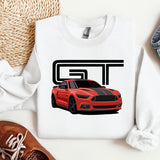 a white shirt with a red mustang on it
